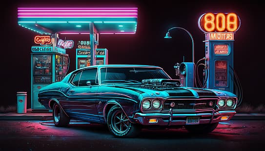 Arte AI, muscle cars, carros americanos, posto de gasolina, neon, reflexão, noite, HD papel de parede HD wallpaper