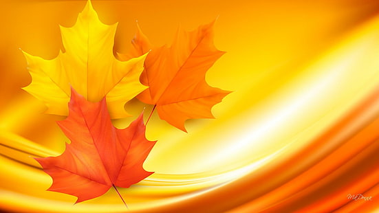 Autumn Wave, three leaves, orange, fall, maple, bright, leaves, swirl, wave, artistic, gold, shine, foliage, glow, autumn, HD wallpaper HD wallpaper