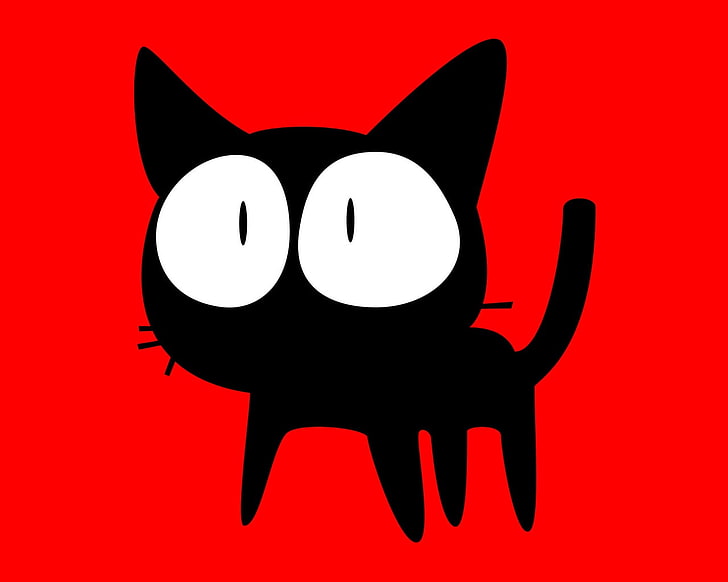 black cat graphic art, FLCL, red background, cat, animals, anime, HD wallpaper