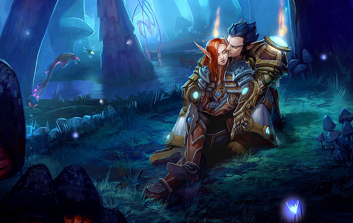 mężczyzna z powrotem przytulona kobieta animowana postać, fantasy art, elfy, World of Warcraft, Tapety HD