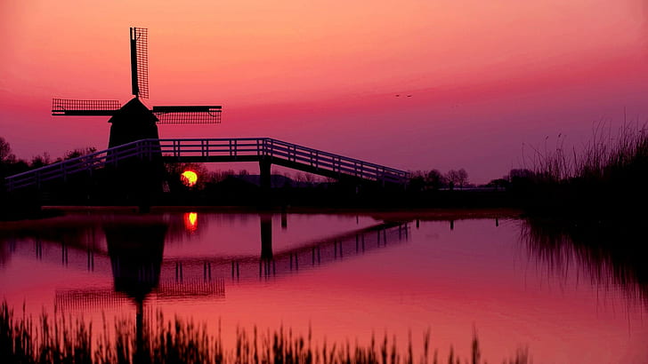 Windmill At Dusk, lake, windmill, silhouette, farm, reflection, nobody, evening, bridge, europe, majestic, sereni, HD wallpaper