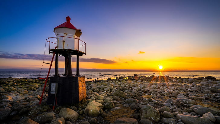 sea, sunset, coast, lighthouse, Norway, Rogaland, Naerland, HD wallpaper