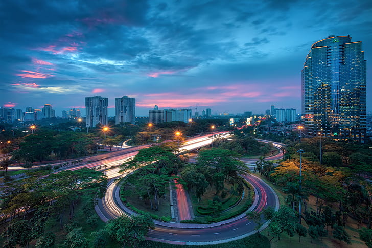 Man Made, Highway, Building, City, Cityscape, Indonesia, Jakarta, Ligths, Sky, Skyscraper, Sunset, Time-Lapse, Tree, HD wallpaper