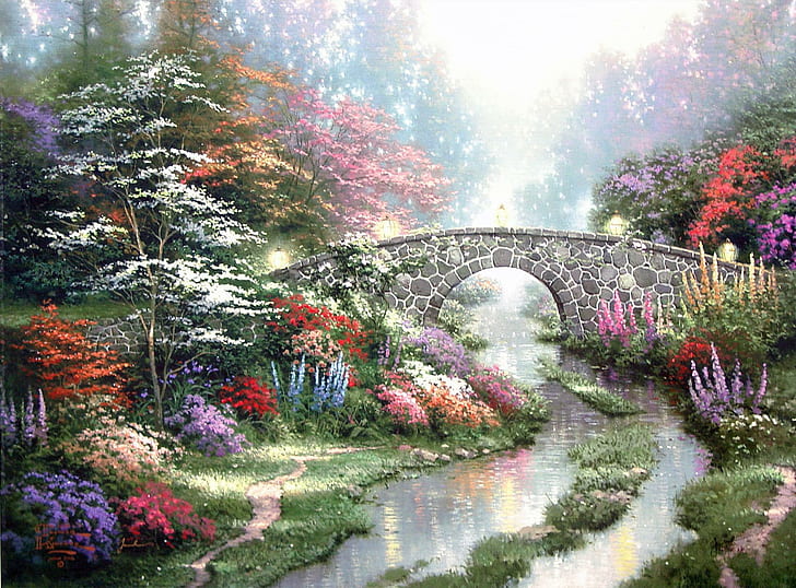 Thomas Kinkade, thomas kinkade, köprü, çiçek, doğa, nehir, resim, 3d ve soyut, HD masaüstü duvar kağıdı