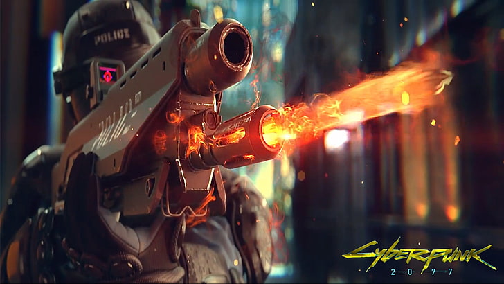2077 Cyber Pink game poster, weapons, fire, the game, police, helmet, cyberpunk, shoots, Cyberpunk 2077, HD wallpaper
