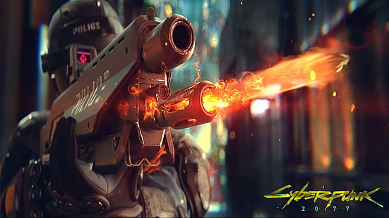 2077 Cyber ​​Pink oyun poster, silah, ateş, oyun, polis, kask, cyberpunk, vuruyor, Cyberpunk 2077, HD masaüstü duvar kağıdı HD wallpaper