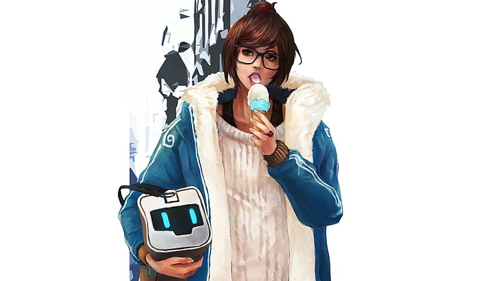 ilustrasi wanita berambut coklat, Mei (Overwatch), es krim, video game, Wallpaper HD