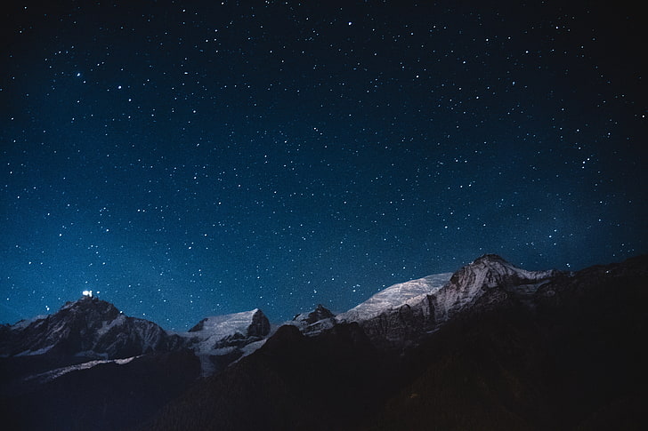 brown mountain, starry sky, mountains, night, HD wallpaper