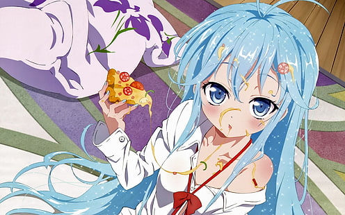 Denpa Onna To Seishun Otoko, Touwa Erio, аниме девушки, пицца, синие волосы, голубые глаза, аниме, HD обои HD wallpaper