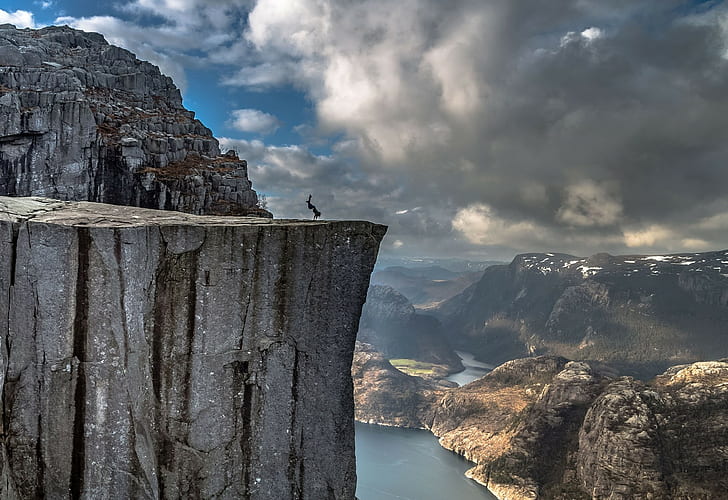 handstand nature landscape photography cliff fjord mountains clouds rock norway, HD wallpaper
