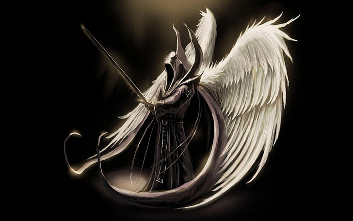 Фэнтези, ангел воин, ангел, темнота, капюшон, человек, меч, крылья, HD обои
