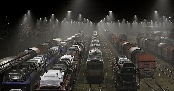 landscape, railway, lights, mist, Denmark, freight train, rail yard, night, HD wallpaper HD wallpaper