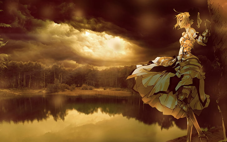 желтоволосая женщина аниме персонаж, серия судьба, отражение, лес, деревья, солнечные лучи, облака, блондинка, озеро, доспехи, сабля лилия, судьба / великий орден, HD обои