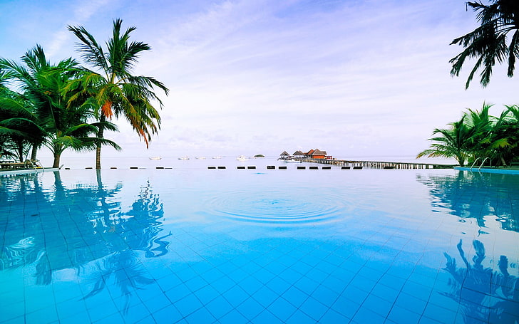 piscine extérieure, palmiers, mer, bateau, nuages, ciel, Fond d'écran HD