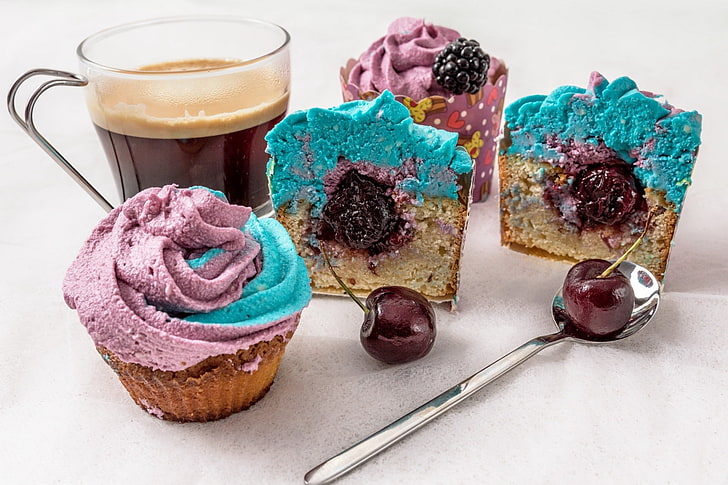 cake, coffee, cherries, spoon, food, cupcakes, HD wallpaper