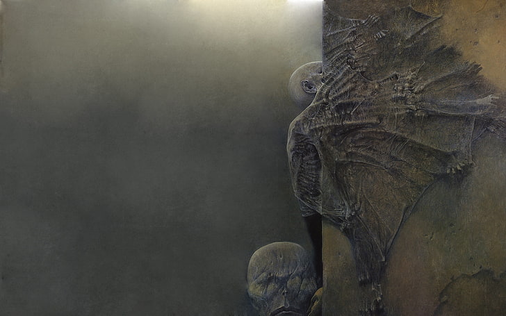 scheletro in rilievo a parete, Zdzisław Beksiński, scuro, dipinto, dettagliato, marrone, Sfondo HD