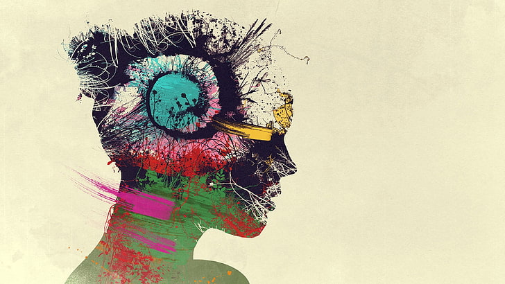 Gesichtsmalerei der schwarzen und grünen Frau, psychedelisch, Verstand, einfacher Hintergrund, Frauen, Doppelbelichtung, bunt, digitale Kunst, HD-Hintergrundbild