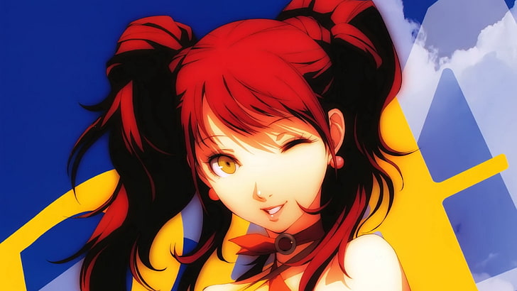 red haired female anime character, video games, anime girls, winking, twintails, Persona 4, Kujikawa Rise, HD wallpaper