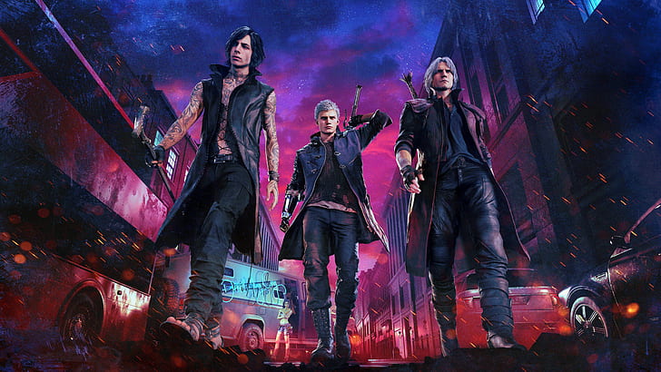 The sky, Girl, The city, The game, Machine, Windows, Building, Clothing, Bus, Weapons, Swords, Art, Dante, Game, Nero, Devil may cry 5, Van, Nico, Wheel, Guys, Characters, Cloaks, Go, HD wallpaper