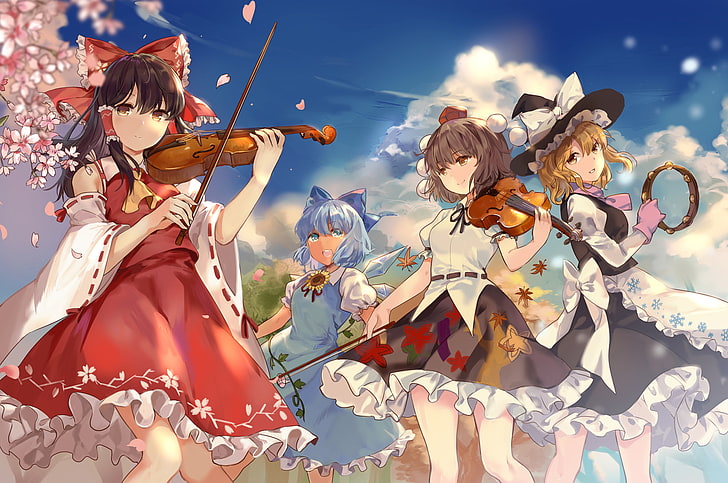 256978, apron, blue, bow, cirno, com, dress, eyes, fairy, flowers, gloves, group, hair, hat, instrument, konachan, long, mage, miko, petals, skirt, touhou, violin, wings, witch, HD wallpaper