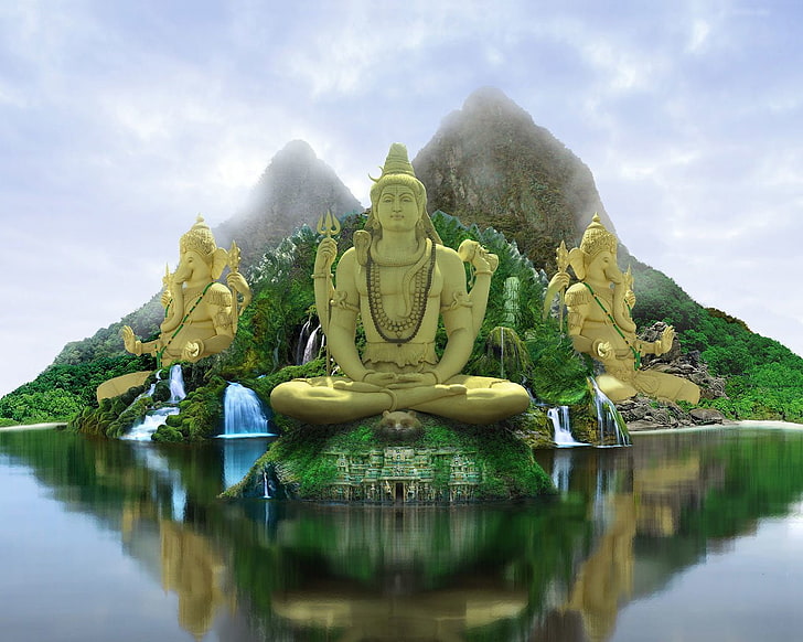 Shiva statue, Religious, Hinduism, 3D, Fantasy, Island, Religion, Shiva, Temple, Temple Of Shiva, Waterfall, HD wallpaper