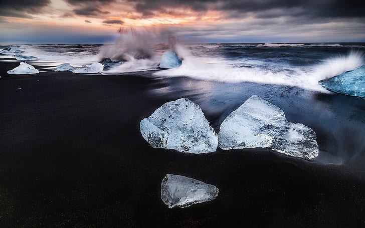 Iceland, ice, beach, sea waves splash, dawn, photo edit wavy sea, Iceland, Ice, Beach, Sea, Waves, Splash, Dawn, HD wallpaper