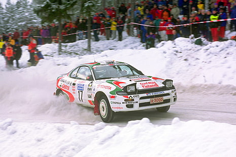 white, red, and green coupe, rally cars, snow, racing, Toyota, Celica, HD wallpaper HD wallpaper