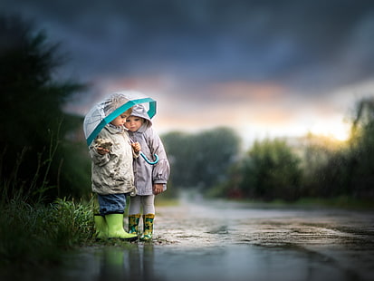 kleiner Junge, kleines Mädchen, Regenschirm, Regen, HD-Hintergrundbild HD wallpaper