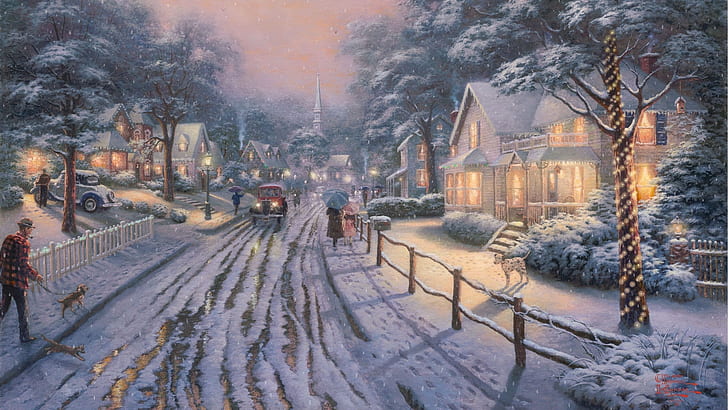 วันหยุดคริสต์มาสบ้านกลางคืนผู้คนย้อนยุคหิมะถนนวินเทจฤดูหนาว, วอลล์เปเปอร์ HD