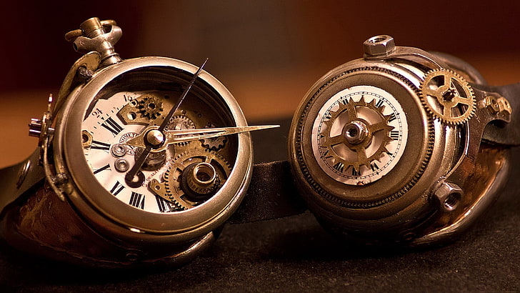 dos relojes de bolsillo esqueleto marrones, reloj, engranajes, relojería, manecillas, números, Fondo de pantalla HD