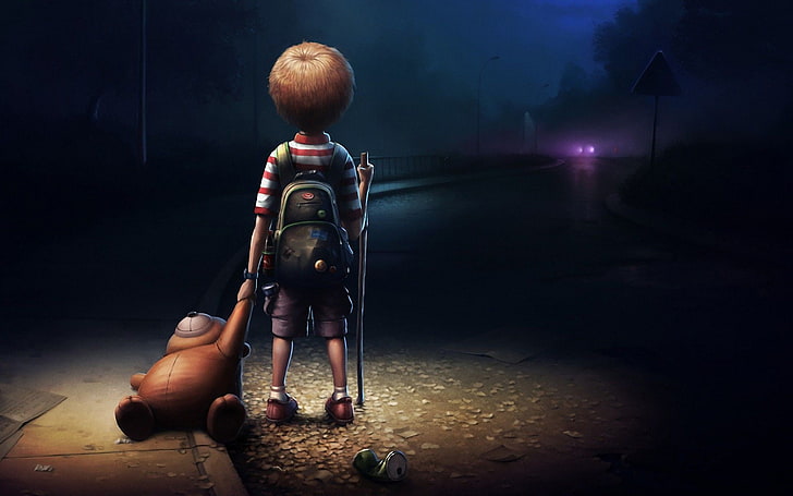 Мальчик в рюкзаке с плюшевой игрушкой бурого медведя, стоящей на улице в ночное время, дорожка, HD обои