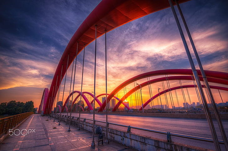 HDR, jembatan, matahari terbenam, Jembatan Pelangi, Tiongkok, jalan, Senja, 500px, Wallpaper HD