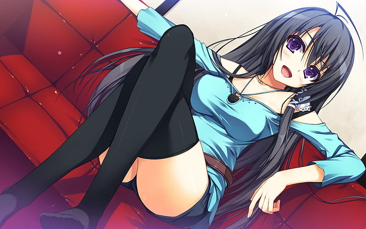 black haired anime girl illustration, legs, anime, thigh-highs, purple eyes, black hair, Reminiscence, Mizuno Rin, visual novel, anime girls, HD wallpaper