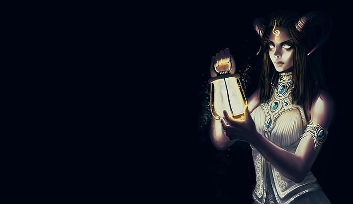 woman holding lamp illustration, look, light, background, fiction, darkness, hair, dress, art, lantern, horns, demoness, HD wallpaper