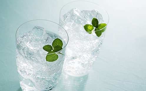 glasses, water, ice, mint, simple background, bright, drink, ice cubes, HD wallpaper HD wallpaper