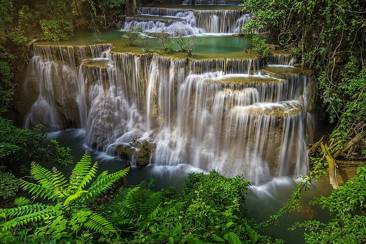 Cachoeira, Cachoeira Huai Mae Kamin, Parque Nacional Erawan, Cachoeira Erawan, Tailândia, Cachoeira, HD papel de parede