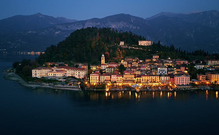 Lake Como, Night, Bellagio, Italy, Europe, Italy, Lights, View, Night, Lake, Aerial, Bellagio, Como, touristattraction, lombardy, DronePhotography, Griante, deepestlakes, HD wallpaper