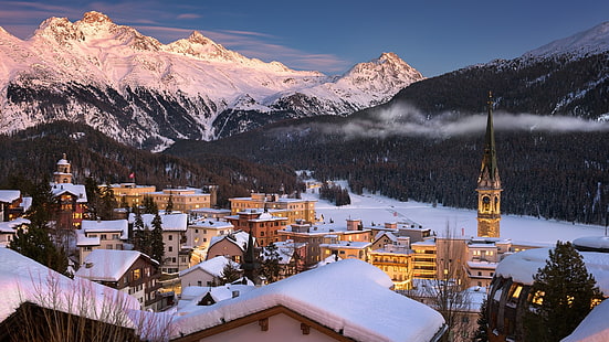 зима, горный хребет, санкт-мориц, снег, гора, горная деревня, небо, альпы, город, швейцария, европа, холм станция, HD обои HD wallpaper