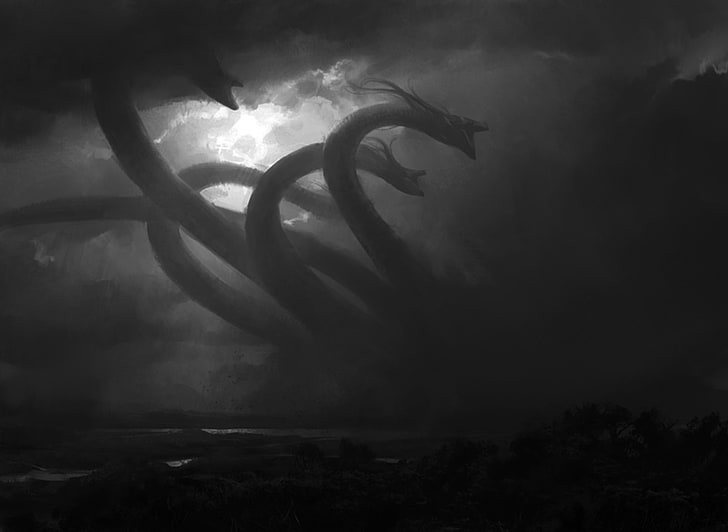 fondo de pantalla de cuatro serpientes marinas, ilustración de hidra, hidra, oscuro, Magic: The Gathering, púrpura, videojuegos, Progenitus, criatura, Fondo de pantalla HD