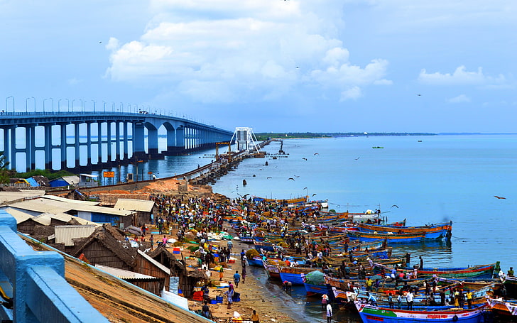blue and white boat, bridge, India, landscape, boat, fisherman, HD wallpaper