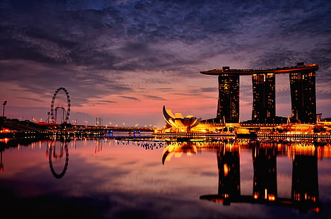 Marina Bay Sands, Singapur, gece, şehir, akşam, Singapur, otel, HD masaüstü duvar kağıdı HD wallpaper