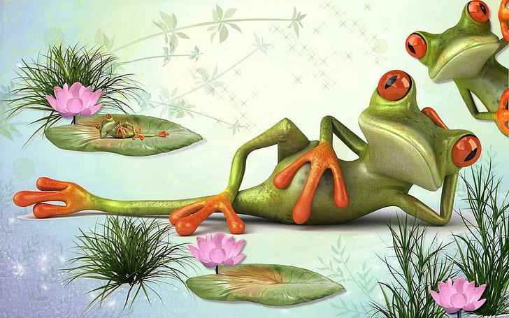 Frog's Cool Life, водяная лилия, улыбка, лягушка, мультфильм, животные, HD обои