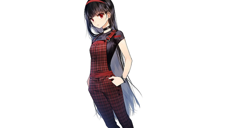 karakter wanita animasi dengan rambut hitam mengenakan jumpsuit merah, gadis anime, latar belakang sederhana, Wallpaper HD