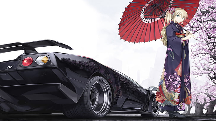 юката, Lamborghini Diablo, аниме, аниме девушки, суперкар, средство передвижения, Lamborghini, HD обои