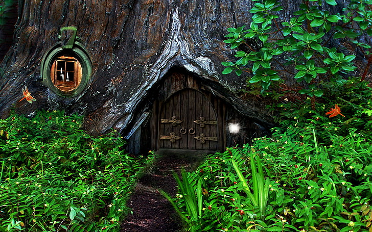 fantasia, foresta, hobbit, casa, casa, alberi, Sfondo HD