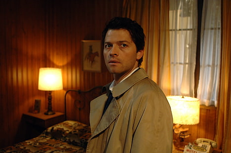 casaco de botão marrom masculino, ator, morena, sobrenatural, Castiel, Misha Collins, Cass, HD papel de parede HD wallpaper