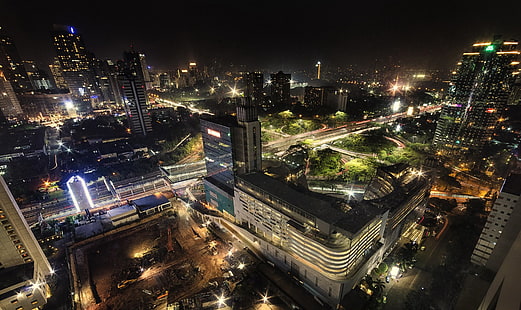 Cities, Jakarta, Building, Indonesia, Light, Night, Skyscraper, HD wallpaper HD wallpaper