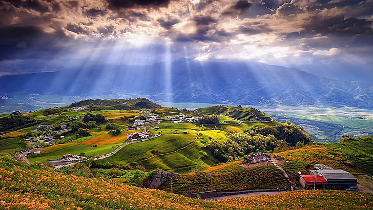 céu, natureza, raio de sol, nuvem, raio de sol, vila, colina, área rural, paisagem, aldeia de montanha, estação de colina, grama, montanha, luz solar, HD papel de parede
