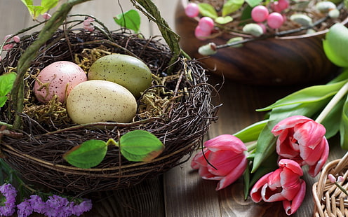 Ostern, Eier, rosa Tulpenblumen, Ostern, Eier, Rosa, Tulpe, Blumen, HD-Hintergrundbild HD wallpaper