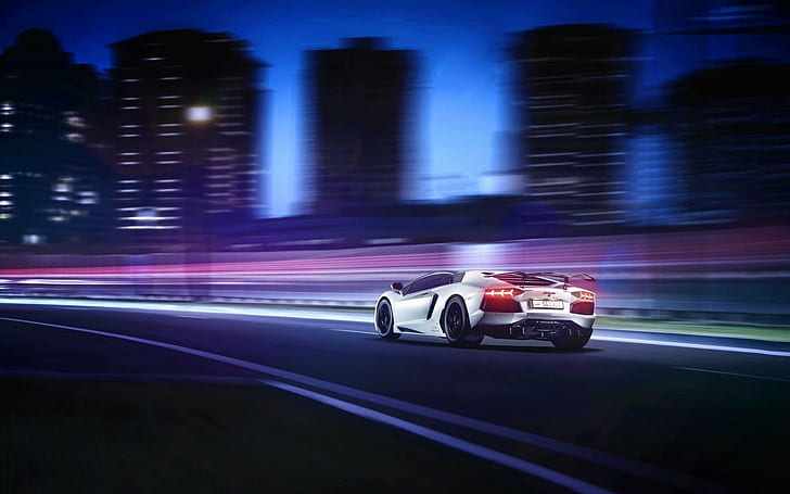 mobil, Lamborghini, blur gerak, mobil putih, Lamborghini Aventador, Wallpaper HD